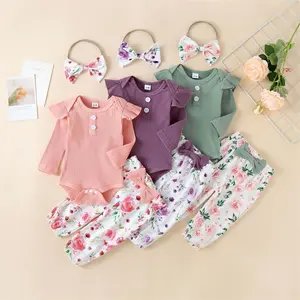 Baby Clothes Set Full Sleeve Knitted Rompers + Floral Pants + Headband Autumn Winter Kid Clothing Cute Toddler Girl Outfit Sets