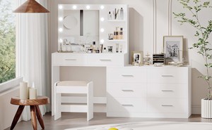 Table de toilette moderne en bois de chêne massif avec panneau lumineux et cadre en acier pour la chambre à coucher et le salon, pour le maquillage - Product Image 3