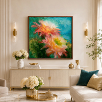 Peinture à l'huile abstraite de dahlias peints à la main sur toile, fleurs épineuses rouge corail et jaunes, fond turquoise, décoration murale artistique, vente en gros