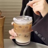 Bambus Vertical Stripe Joint Ice American Latte Matcha Reeded Texture Tasse à lait en verre avec couvercle et paille Tasse à thé Gobelet à café