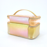 Sac cosmétique carré en PVC transparent avec garniture en cuir PU doré, fermeture éclair et poignée, organiseur de maquillage de voyage