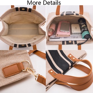 Grand sac fourre-tout en toile écologique personnalisable Beige coton moyen fermeture à glissière multi-fonction design rayé emballage alimentaire - Product Image 5