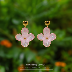 Fashion Drop Earrings Pink <b>Flower</b> Design PVD Gold Plated 316L Stainless Steel Sustainable Resistant Jewelry - Product Image 3