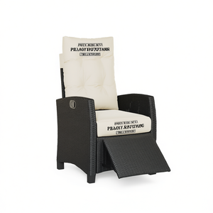 Silla reclinable de poliratán para patio con reposapiés, muebles de jardín para exteriores en negro y crema, diseño moderno y contemporáneo - Product Image 1