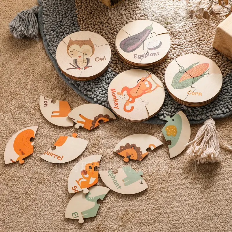 Wholesale Wood 6pcs animal vegetable cognitive round puzzle cards early educational preschool toys