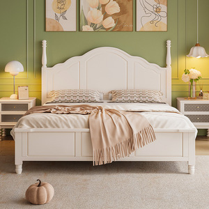 <b>Solid</b> <b>Wood</b> Bed 1.8m <b>White</b> American Princess Style Platform Bed Frame For Bedroom - Product Image 1