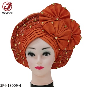 Beaux accessoires de mariage Turban avec perles pierres couleur unie plissé africain dames bandeau chapeau de fête - Product Image 1