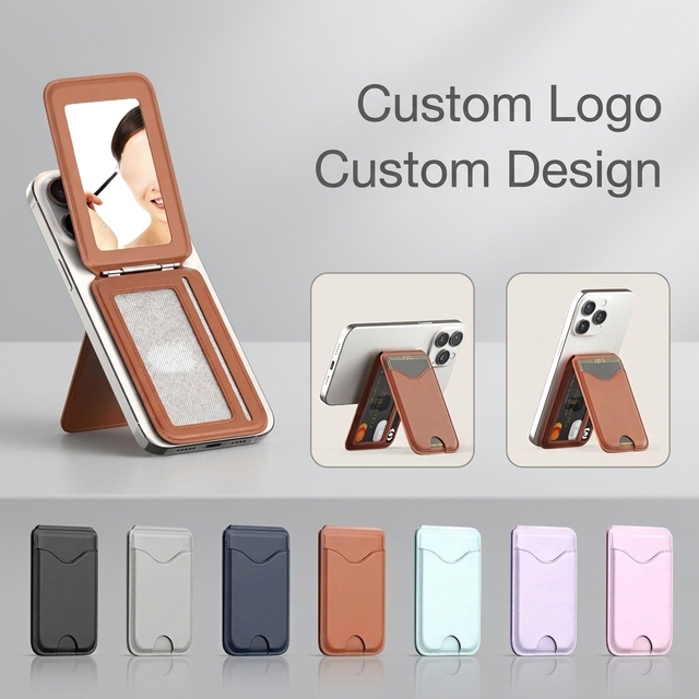 Customize Logo Magnetic PU Leather Card Case Solid Pattern Cardholder Wallet for Phones With Credit Card Makeup Mirror