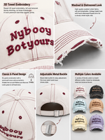 Casquette de baseball vintage unisexe en coton lavé, style rétro, effet usé et déchiré, avec logo personnalisé brodé en 3D et visière incurvée, ajustable
