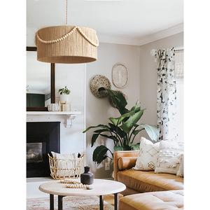 Abat-jour en corde de chanvre avec perles en bois, forme cylindrique, source de lumière LED pour salon, chambre à coucher, luminaire de plafond - Product Image 5