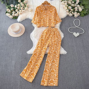 Conjunto de Dos Piezas para <span class=keywords><strong>Mujer</strong></span>, <span class=keywords><strong>Camisa</strong></span> Casual de <span class=keywords><strong>Manga</strong></span> Corta con Estampado <span class=keywords><strong>y</strong></span> Pantalones Largos Anchos de Pierna Recta, para Vacaciones - Product Image 4