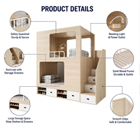 Lit superposé multifonctionnel en bois avec escalier de rangement et tiroirs, lumière de lecture intégrée et prise électrique pour chambre d'enfant ou dortoir