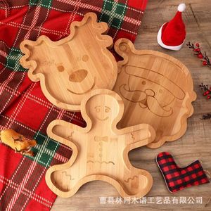 Plateau de service de Noël en bambou, forme Père Noël, renne, homme en pain d'épices, assiette à collation de fête, plateau décoratif en bois - Product Image 1