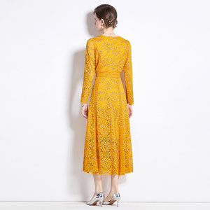 <span class=keywords><strong>Vestido</strong></span> de Encaje <span class=keywords><strong>amarillo</strong></span> de ganchillo calado con cuello redondo lavable natural sólido Midi elegante para mujer recién llegado - Product Image 5