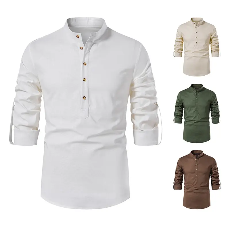 Multi color linen cotton shirt slim fit stand collar henley long sleeve shirts wholesale