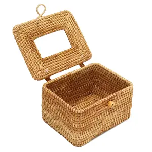 越南手工编织方形藤纸盒盖批发