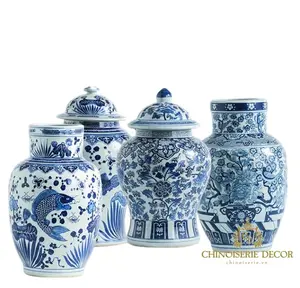 2022 novo design azul e branco vaso de cerâmica redondo peixe pintado jarra de gengibre para decoração de casa