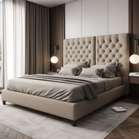 Lit superposé capitonné King Size Queen, gris, design italien, tissu, chambre à coucher avec tête de lit en tissu, velours, carton, chêne personnalisé