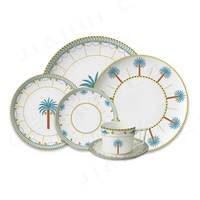 Vaisselle en porcelaine Palm Gold Accent, vaisselle en céramique haut de gamme pour la vente au détail, mariages de luxe sur la plage, événements méditerranéens