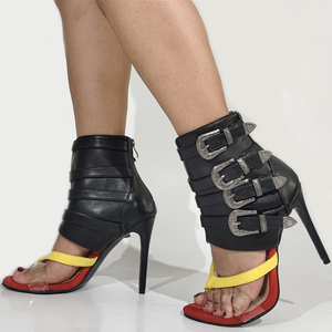 Botines de tacón alto de verano para mujer con correa de PVC, hebilla metálica y cremallera trasera, diseño patchwork - Product Image 3