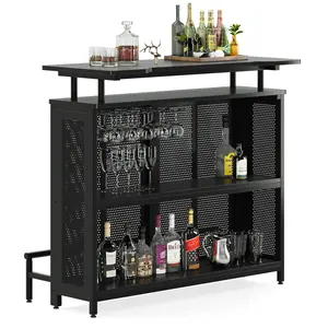 Tribesigns Modern Wood Top Furniture 3 Tier Wine Rack Coffee Bar Table with Glasses Cabinet for Living Room