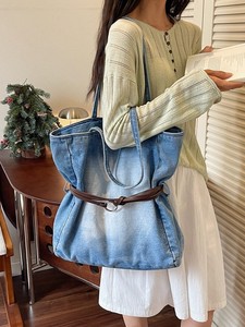 Korean Style Lazy Vintage Denim Saddle Shape Shoulder <b>Bag</b> Letter Pattern Minimalist Retro Artistic Design for <b>College</b> Students - Product Image 1