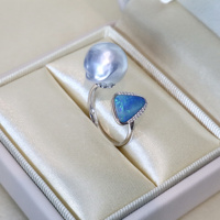 Bague de luxe en or 18 carats avec opale, diamant naturel 0,046 ct, perle baroque blanche d'Australie de mer du Sud bleu sang naturel 12-13 mm