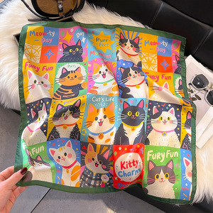 Écharpe en soie motif chat de dessin animé 70x70cm, foulard carré à imprimé animal mignon pour femme, accessoire de mode - Product Image 2