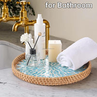 Plateau de service rond en rotin avec incrustation de nacre, à un seul niveau, style moderne et luxueux, pour la nourriture, la décoration de la maison, la décoration de l'îlot de cuisine