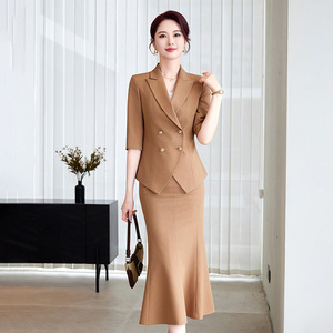 Women's Suit Set Elegant Three Quarter Sleeve Long Skirt Two Piece Professional Office Wear Anti Wrinkle Polyester Fabric - Product Image 1
