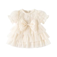 Robe de soirée élégante pour bébés filles à manches courtes bouffantes, couleur unie, grand nœud, tulle à volants, robes quotidiennes pour enfants, robe de bébé personnalisée