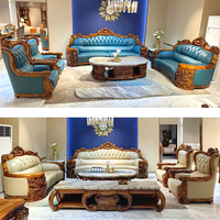 Ensemble de canapés en bois massif meubles de salon art de luxe européen sculpté première couche canapé sectionnel en cuir de vachette pour la décoration intérieure