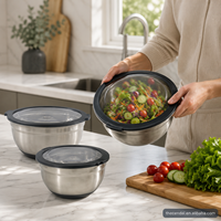 Ensemble de bols à salade en acier inoxydable 3 pièces avec couvercles hermétiques, base noire, 3 tailles, bols à mélanger et à servir, résistants à la rouille, compatibles lave-vaisselle