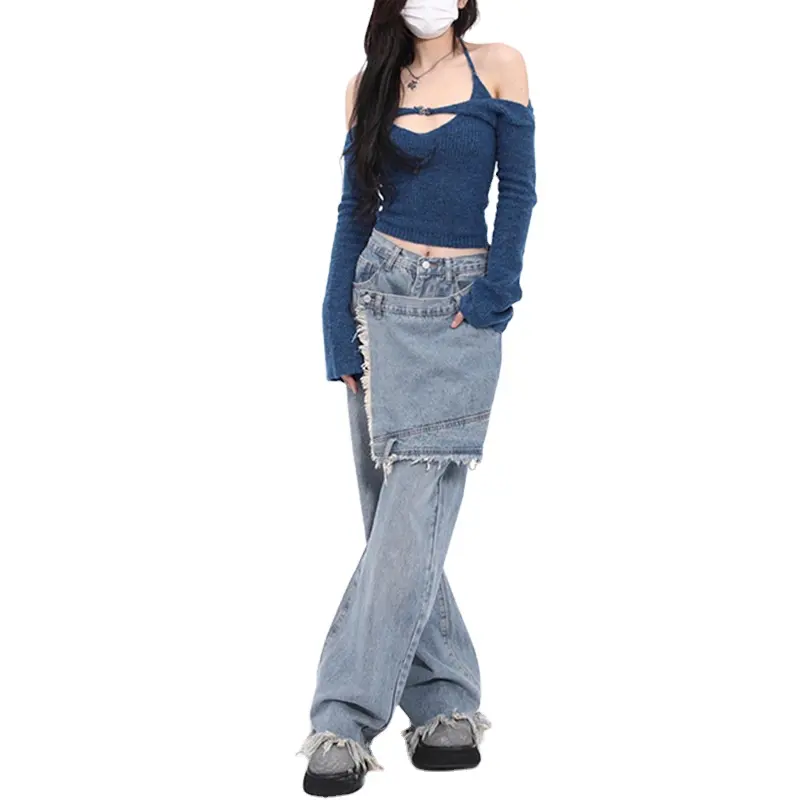 New detachable stickers pretend high-waisted loose wide-foot denim jeans