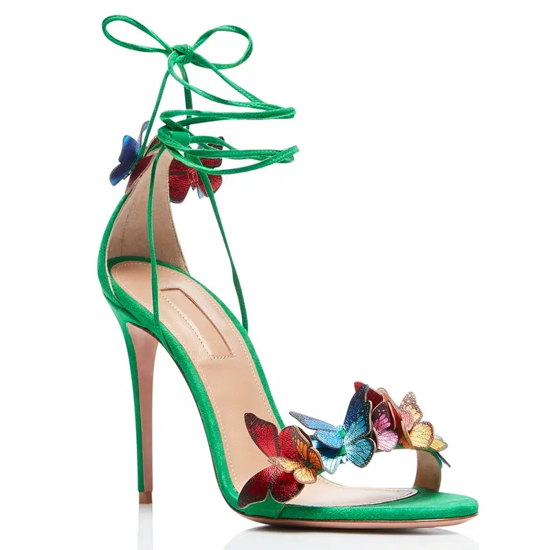 European Style Green Yellow Red Gold Black Dress Shoes Summer Butterfly Decoration Ankle Strap Stiletto Sandals Heels For Ladies