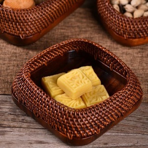 Wooden Chinese Style Handmade Rattan Fruit Plate Walnut Material Round Storage <b>Tray</b> For Tea And Pastry Serving - Product Image 1