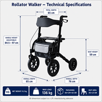 Déambulateur à poignée TPR avec siège, pneus gonflables de 12 pouces, robuste, capacité de 136 kg, pliable, 4 roues, CE UKCA ISO