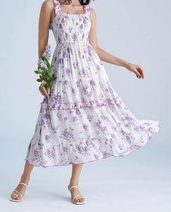 <span class=keywords><strong>Vestido</strong></span> Midi <span class=keywords><strong>Victoriano</strong></span> para Mujer, Estampado Floral, Tejido Natural 100% Algodón, Fruncido, Transpirable, Ecológico, Casual de Verano para Playa - Product Image 4