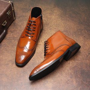 New Style Retro Lace-up Flat Mens Short Boots Glossy Genuine Leather Brocade Carved Design Ankle <b>Bootie</b> Casual Shoes Pointed Toe - Product Image 6