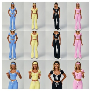 Camisa de manga corta con cuello cuadrado para mujer, conjunto de Yoga de cintura alta, diadema de bloque de Color, cordón, pantalones acampanados para levantar la cadera, traje para exteriores - Product Image 2