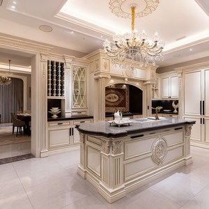 Godi ตู้ครัวไม้สีขาวสไตล์คลาสสิกโบราณตู้ครัวไม้เนื้อแข็งหรูหราผนังสีขาวบนเกาะหินธรรมชาติ - Product Image 2