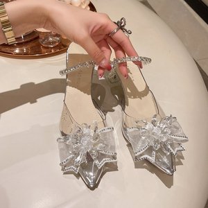 High Heels Female Fairy Wind Summer Fashion Outside Wearing Pointed Rhinester Square Transparent One Word With Fine - Product Image 4