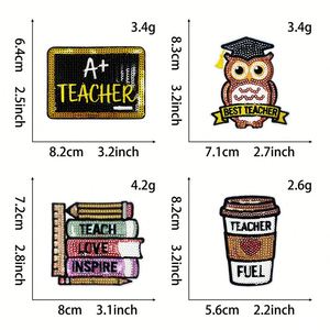 Parche termoadhesivo ecológico de lentejuelas bordadas con diseño de libros, búho y café para el Día del Maestro, para decoración - Product Image 2