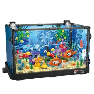 hot sell Aquarium Series Sea Turtle Jellyfish Fish Tank With Light Seafloor Assembly marine animal Building Blocks Toys