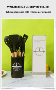 Custom Logo Kitchen Accessories Tools Home Cookware 12 Pcs Silicone Kitchen <b>Cooking</b> Utensils Set <b>Kit</b> With Wooden Handle - Product Image 6
