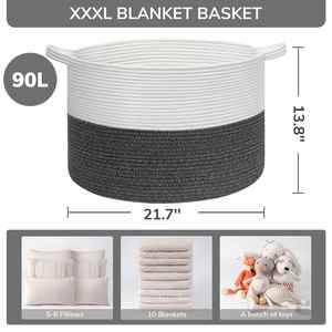 90L <b>Large</b> Blanket <b>Basket</b> Woven <b>Storage</b> <b>Baskets</b> for Laundry Pillows Toys Decorative Cotton Rope <b>Basket</b> with Handles - Product Image 3