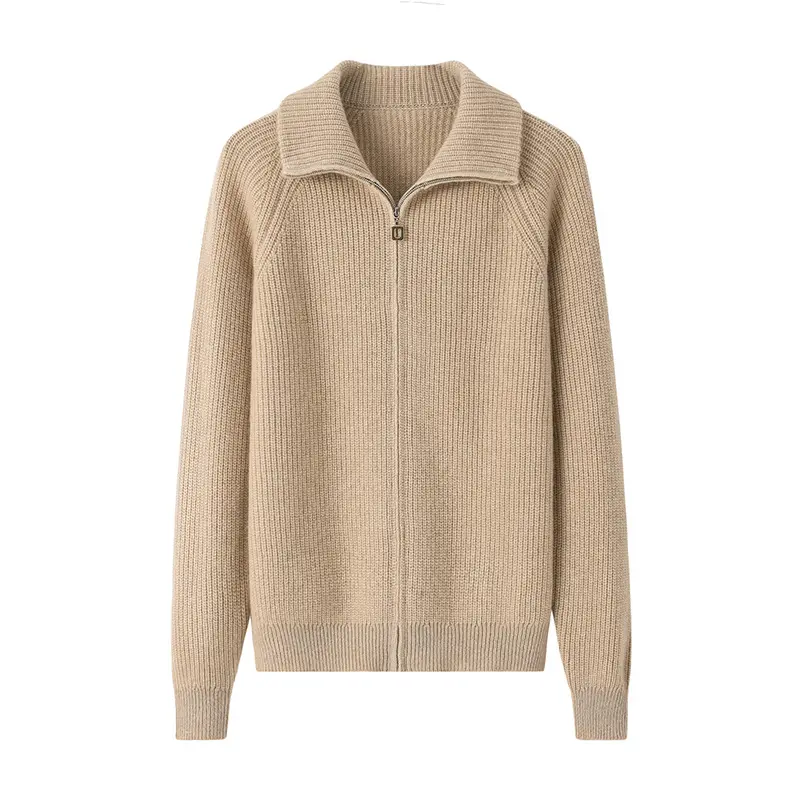 Fleece Sweater Cardigan 100%Pure Cashmere Winter Women Vintage Warm Textured Turn Down Collar Zipper Thick Knit Cardigan Sweater