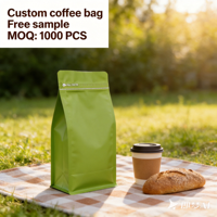 Sac à café à fond plat haute barrière avec valve et fermeture éclair, pochette en aluminium