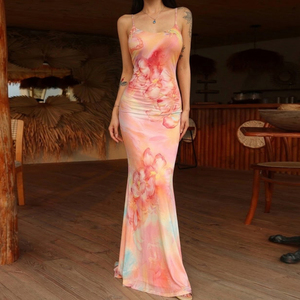 เดรสยาวทรงเข้ารูป สายเดี่ยว ผ้าตาข่ายพิมพ์ลายดอกไม้ดิจิทัล เอวสูง ยืดหยุ่นได้ดี ทรงบอดี้คอน ปลายหางปลา เหมาะสำหรับวันพักผ่อน - Product Image 2