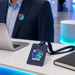 Épinglette en émail dur personnalisée pour le 25e anniversaire de l'entreprise de technologie, dégradé bleu-vert, nickelée, logo pour événement d'entreprise ou d'employés - Product Image 3